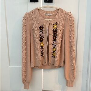 Alice + Olivia Kitty Puff Sleeve Pink Floral Embroidered Cardigan
